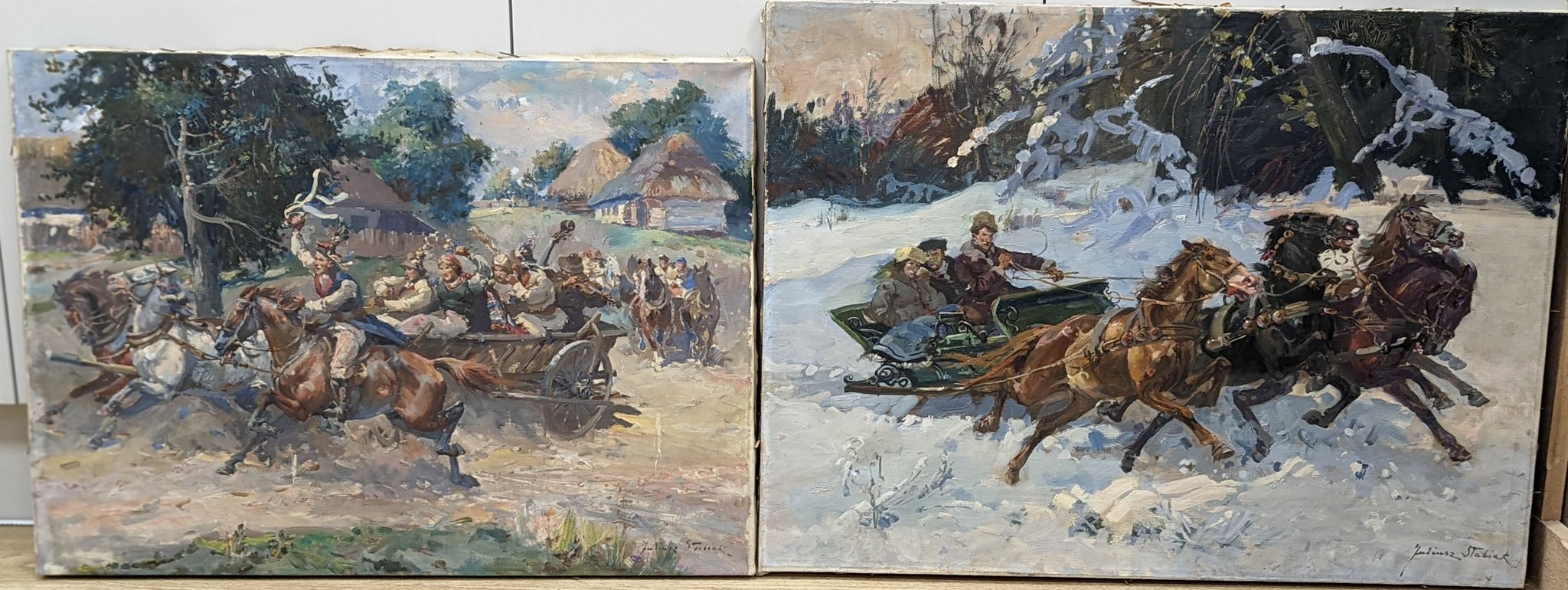 Juliusz Slabiak (Polish, 1917-1973), two oils on canvas, Wedding party in a cart and Troika, signed, 69 x 50cm and 74 x 55cm